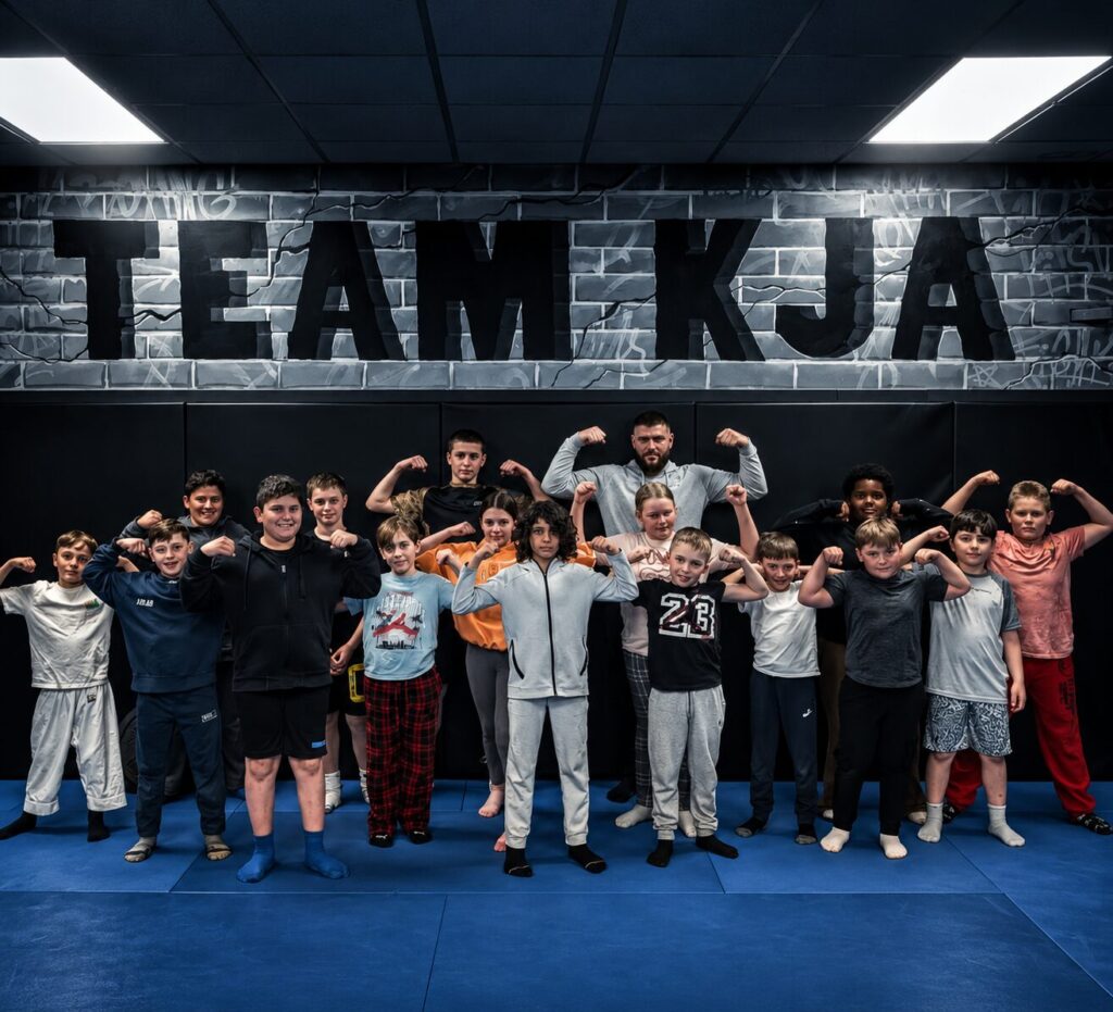 Groupe d'enfants et d'adolescents pose avec leur entraîneur devant le mur graffiti TEAM KJA.
